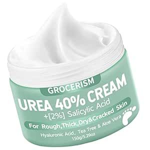 Grocerism Urea Cream 40 Percent For Feet Plus 2% Salicylic Acid 5.29 oz || Foot Cream and Hand Cream Maximum Strength with Hyaluronic Acid,Tea Tree,and Aloe Vera For Deep Moisturizes,Callus Remover