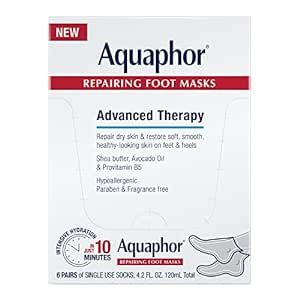 Aquaphor Repairing Foot Masks, Moisturizing Socks for Dry Feet, Hydrating Foot Care Treatment with Avocado Oil and Shea Butter, Pack of 6