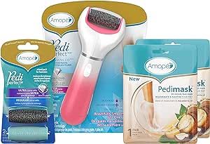 Amope Pedicure Value Kit, Spa Pampering Pack, Self-Care & Relaxation Gift, Contains Pedi Perfect Electric Callus Remover Foot File, 2 Macadamia Oil PediMask Foot Masks, 2 Roller Heads – 4 Pieces
